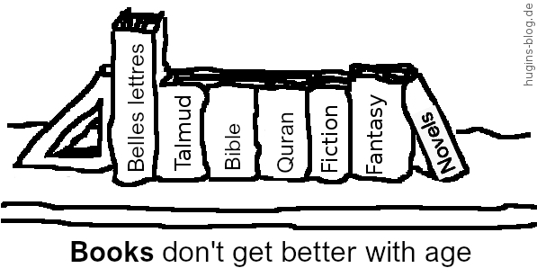 Illustration to a blog article 'Tolerance instead of senseless violence! And liberty instead of despotism!' - Bookshelf with Talmud, Bible, Quran and trivial literature | Hugins-Blog.de